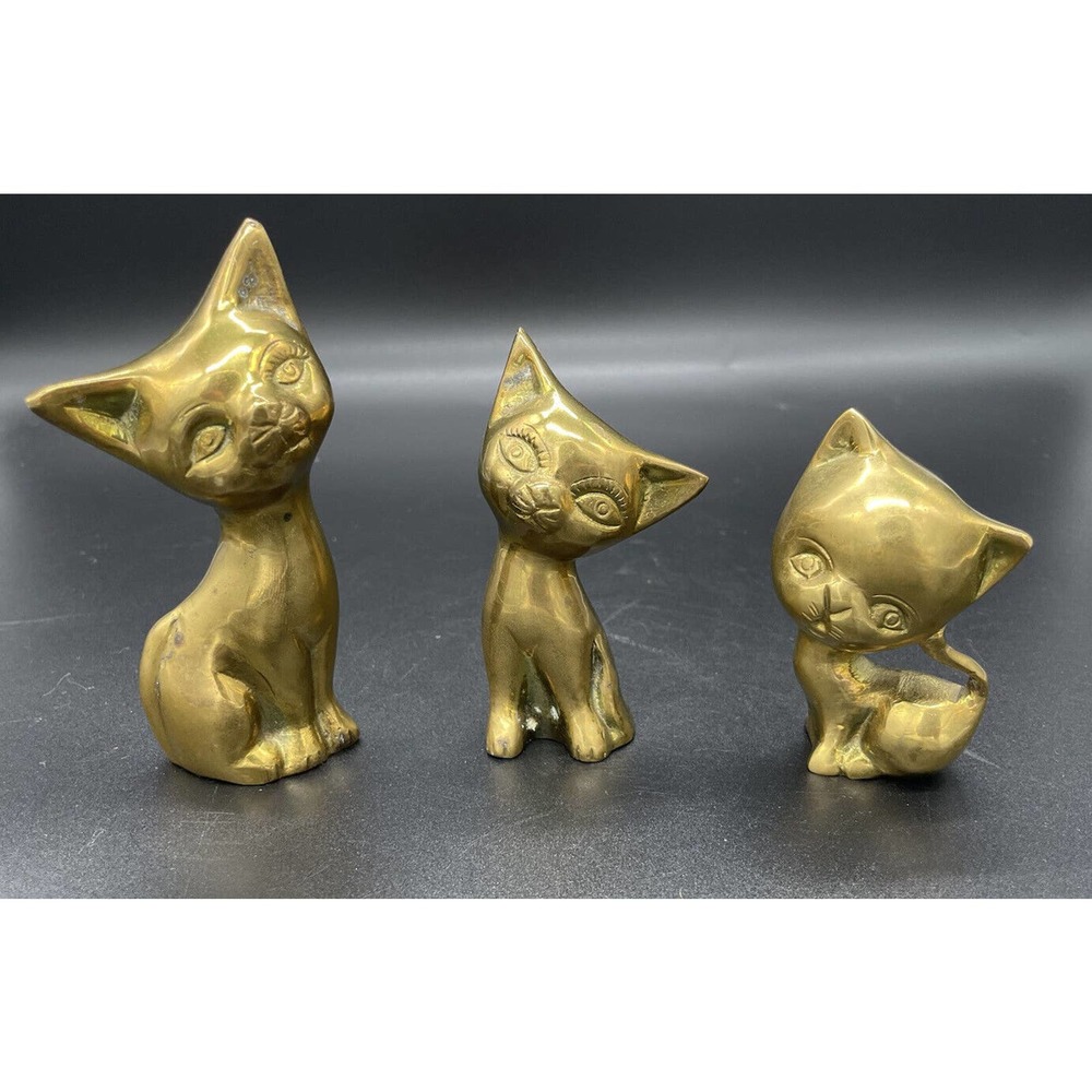 Solid Brass Siamese Cat Figurines MCM Set Of 3 Vintage Brass Kitties Mid Century